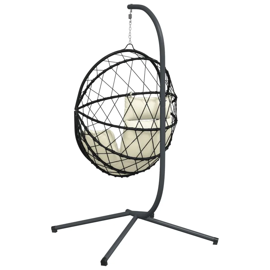 Chaise suspendue en forme d'œuf et support beige rotin et acier - 6