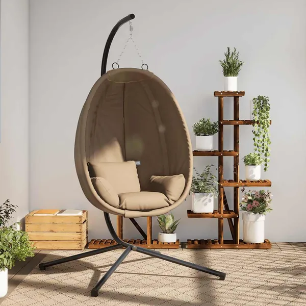 Chaise suspendue en forme d'œuf et support taupe rotin et acier