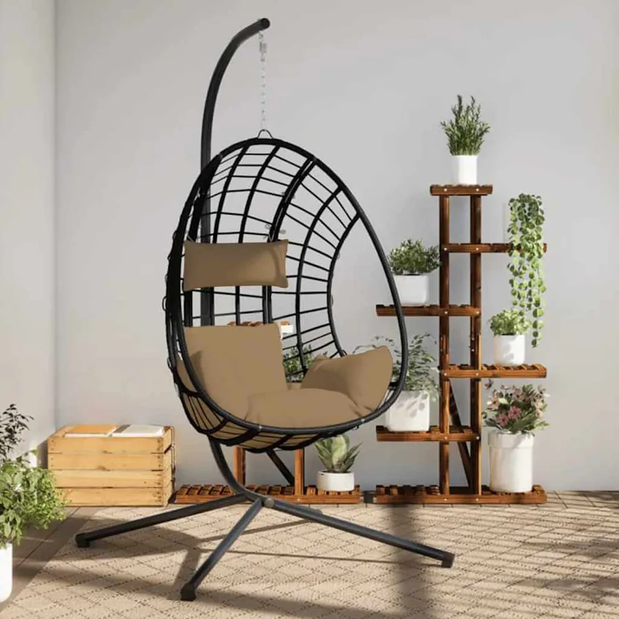 Chaise suspendue en forme d'œuf et support taupe rotin et acier - 3