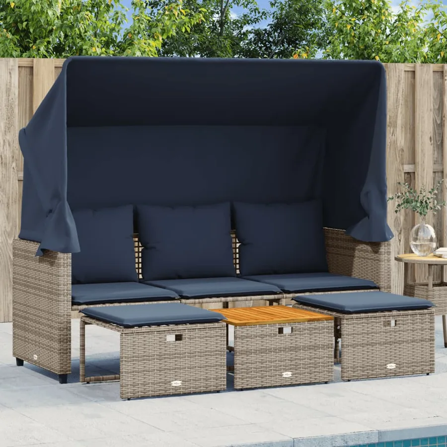 Canapé de jardin 3 places avec auvent et poufs gris résine tressée