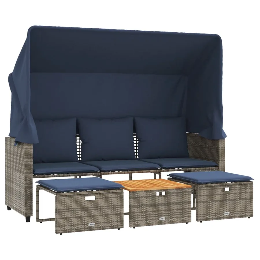 Canapé de jardin 3 places avec auvent et poufs gris résine tressée - 2
