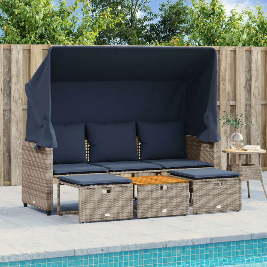 Canapé de jardin 3 places avec auvent et poufs gris résine tressée - 3