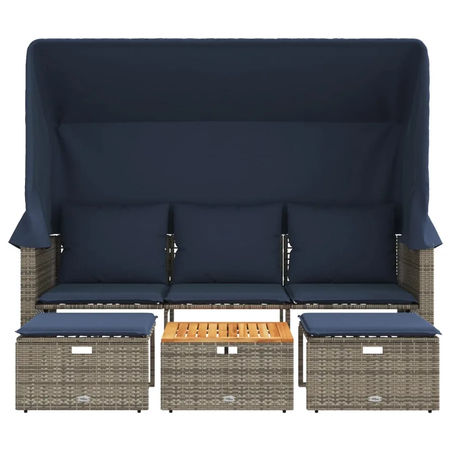 Canapé de jardin 3 places avec auvent et poufs gris résine tressée - 4