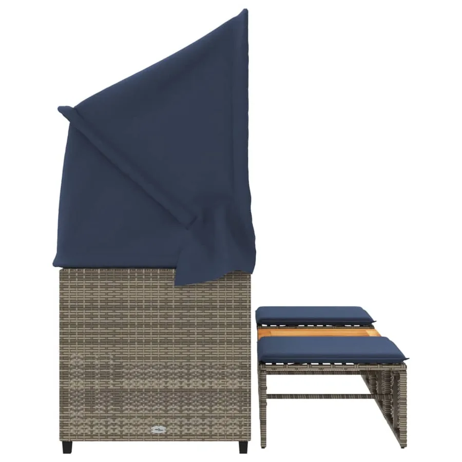 Canapé de jardin 3 places avec auvent et poufs gris résine tressée - 5