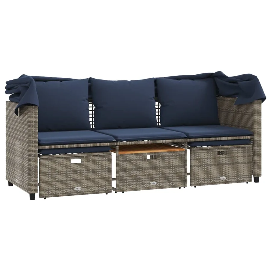 Canapé de jardin 3 places avec auvent et poufs gris résine tressée - 7