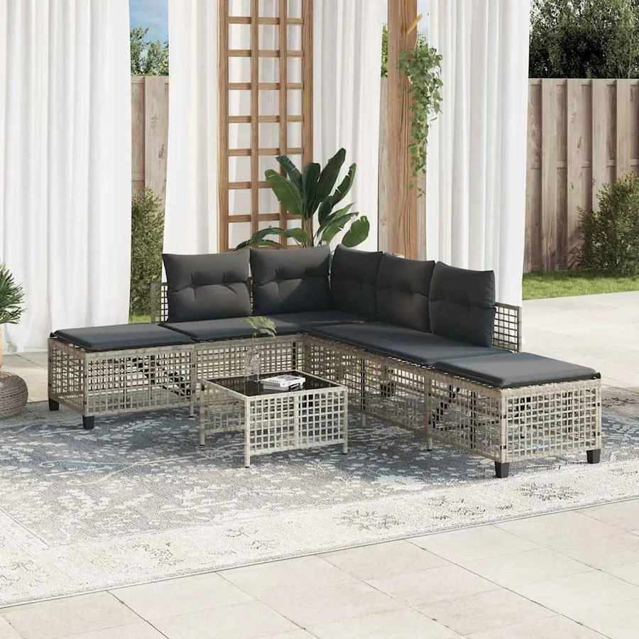 Salon de jardin d'angle avec coussins 3 pcs gris clair rotin - 3
