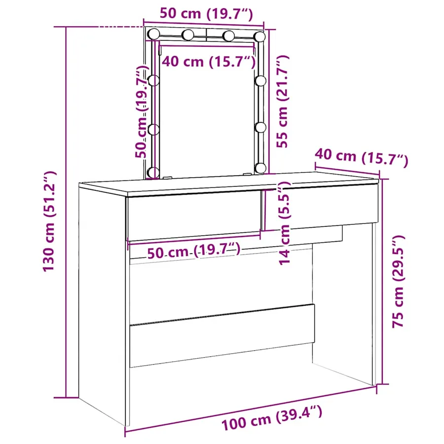 Coiffeuse avec LED blanc 100x40x130 cm - 18