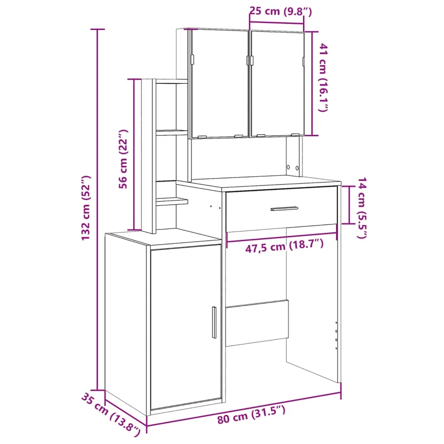 Coiffeuse avec armoire chêne marron 80x35x132 cm - 12