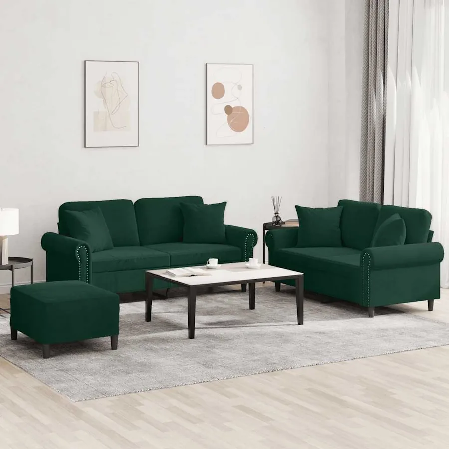 Ensemble de canapés 3 pcs avec coussins vert foncé velours
