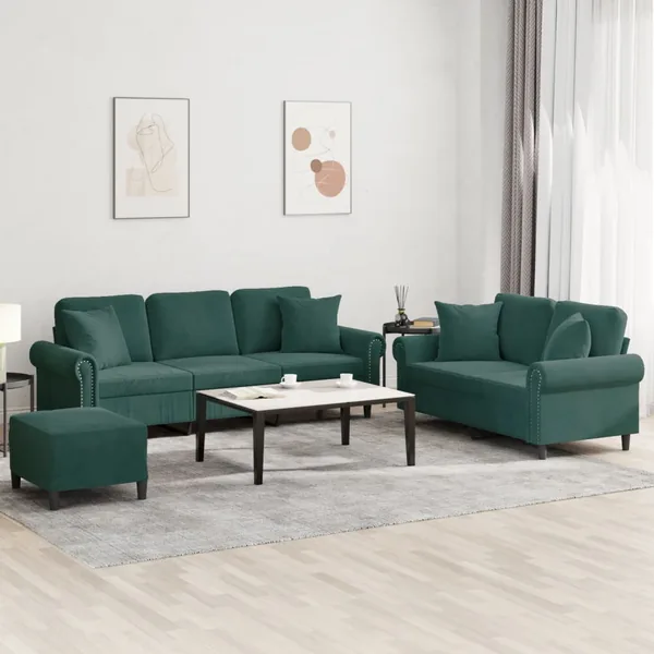 Ensemble de canapés 3 pcs avec coussins vert foncé velours