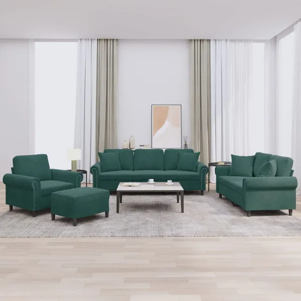 Ensemble de canapés 4 pcs avec coussins vert foncé velours