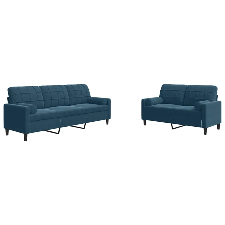 Ensemble de canapés 2pcs et coussins et traversins bleu velours - 2