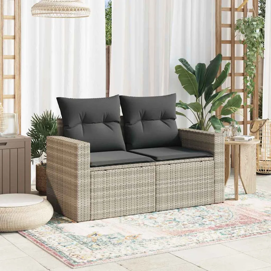 Canapé de jardin 2 places et coussins gris clair résine tressée - 3
