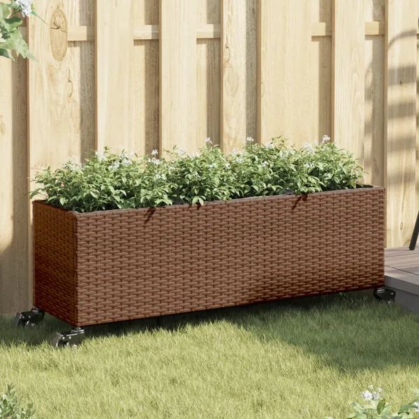 Jardinière avec roulettes et 3 pots marron 107x32x38 cm rotin
