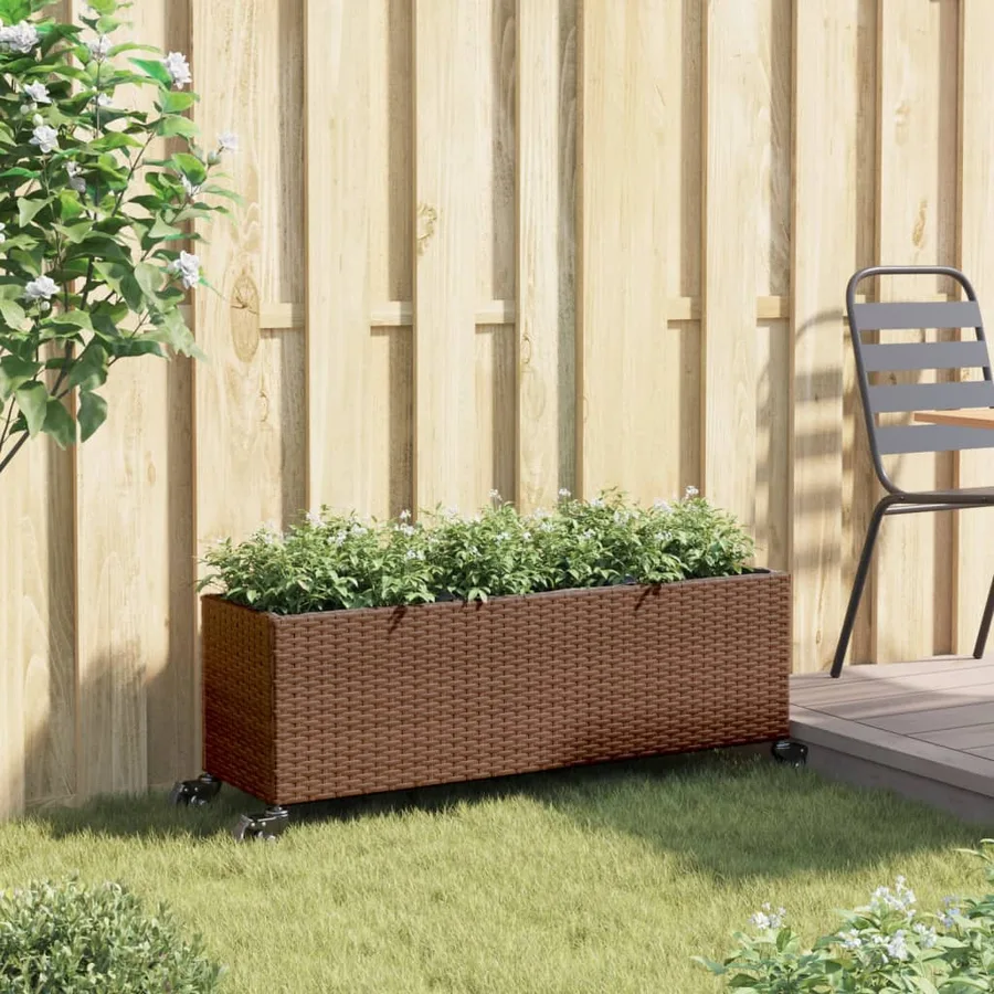 Jardinière avec roulettes et 3 pots marron 107x32x38 cm rotin - 3