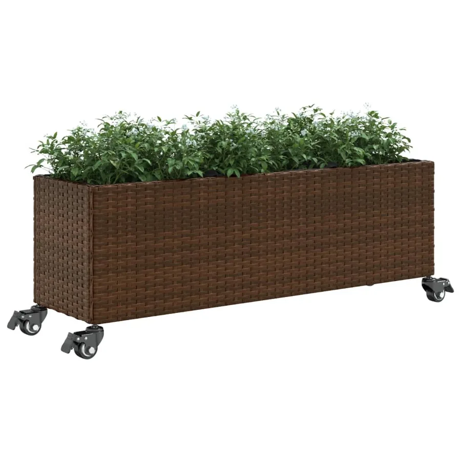 Jardinière avec roulettes et 3 pots marron 107x32x38 cm rotin - 4