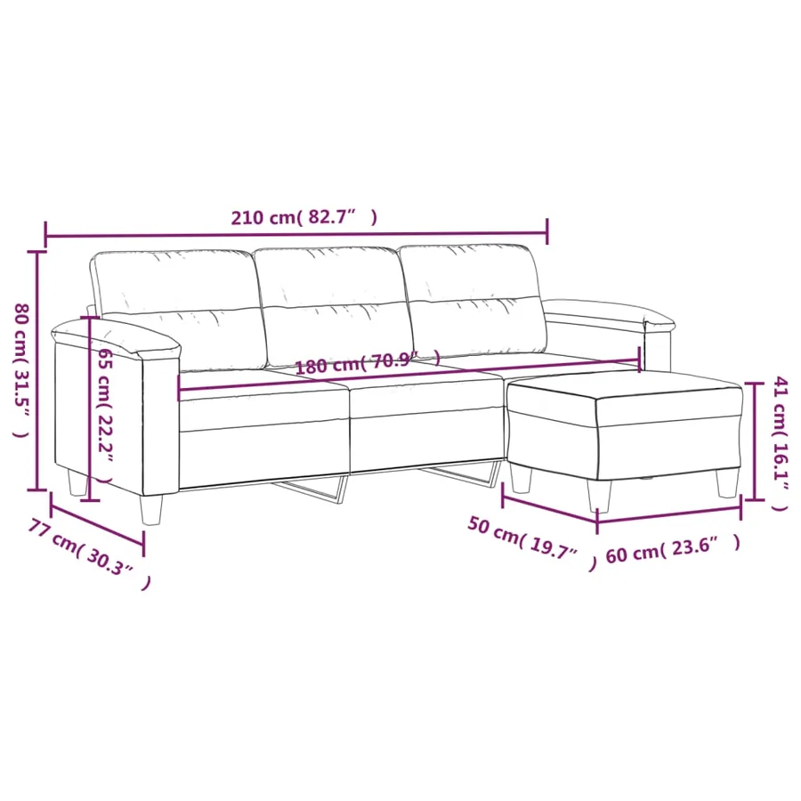 Canapé 3 places avec repose-pieds Noir 180 cm Tissu microfibre - 7