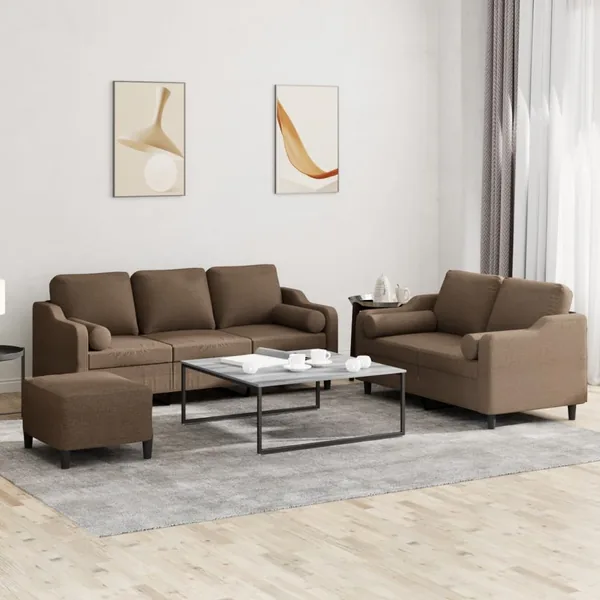 Ensemble de canapés 3 pcs avec coussins marron tissu