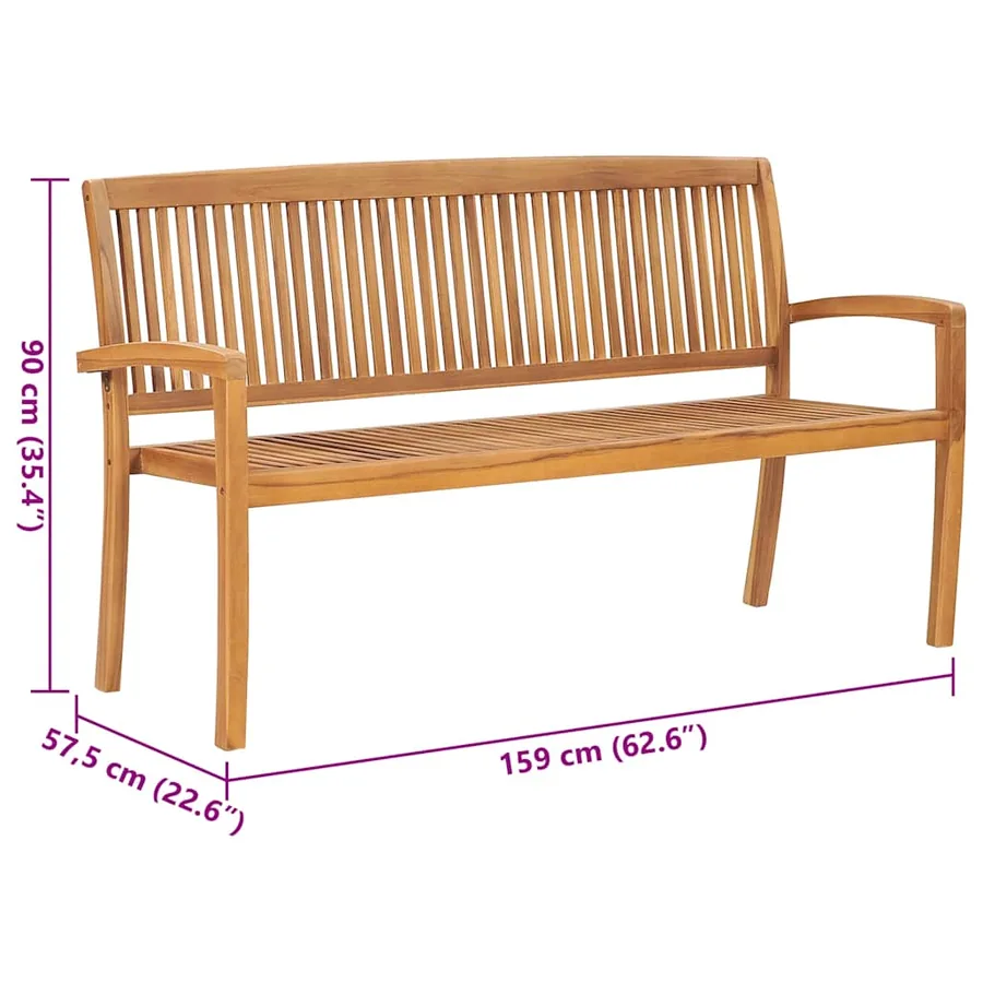 Banc de jardin empilable et coussin 159 cm Bois de teck massif - 8