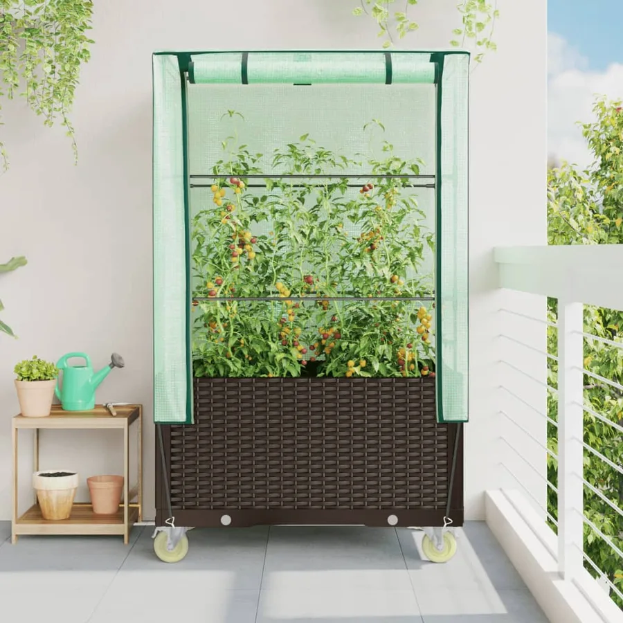 Jardinière surélevée avec housse et roues aspect rotin - 3