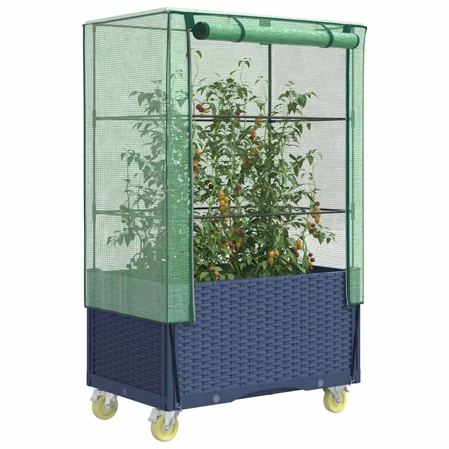 Jardinière surélevée avec housse et roues aspect rotin