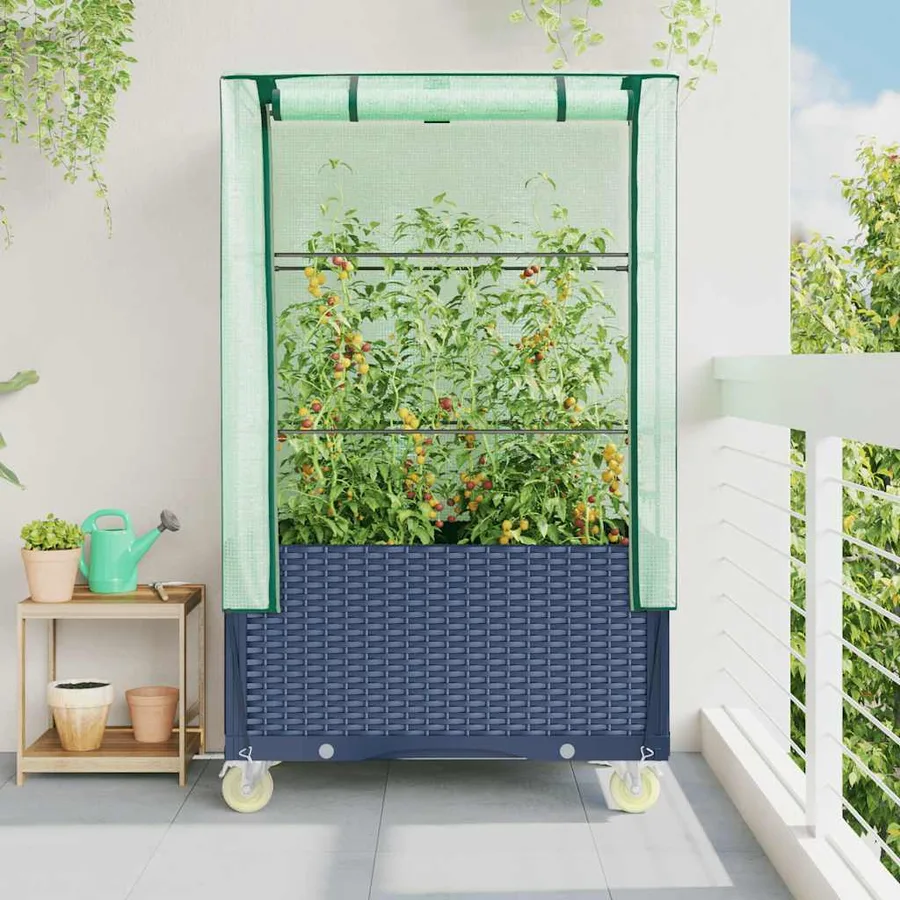 Jardinière surélevée avec housse et roues aspect rotin - 3