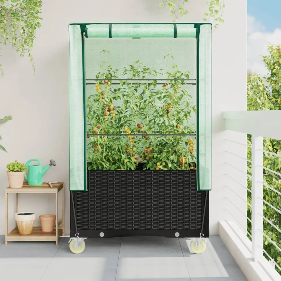 Jardinière surélevée avec housse et roues aspect rotin - 3