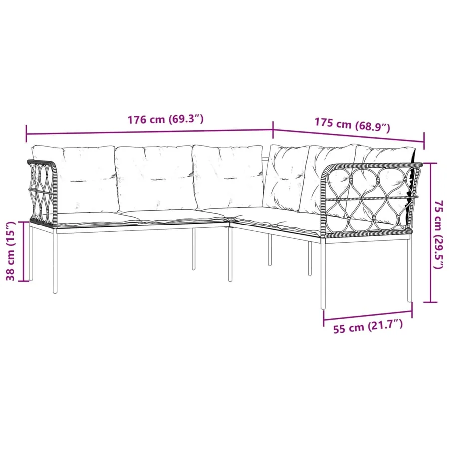 Canapé de jardin avec coussins forme de L noir acier textilène - 9