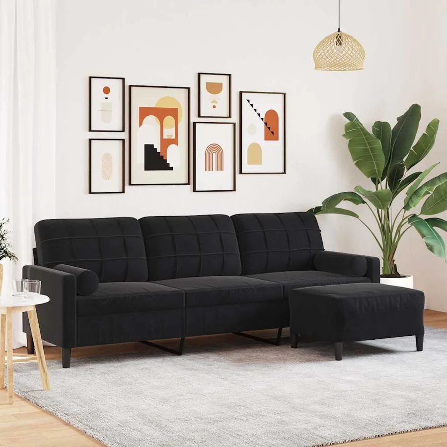 Canapé à 3 places avec repose-pieds Noir 210 cm Velours