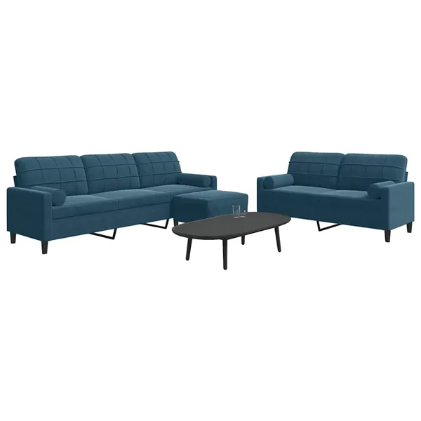 Ensemble de canapés 3pcs et coussins et traversins bleu velours