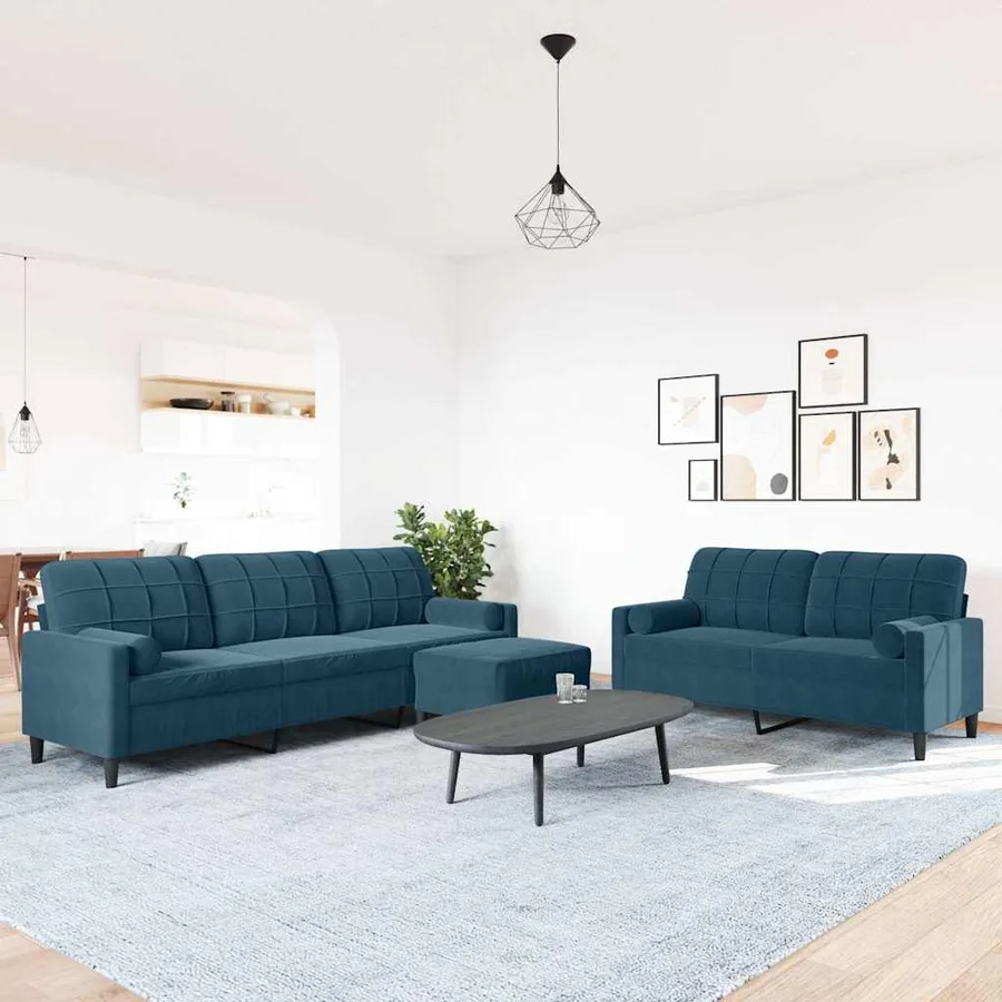 Ensemble de canapés 3pcs et coussins et traversins bleu velours - 3