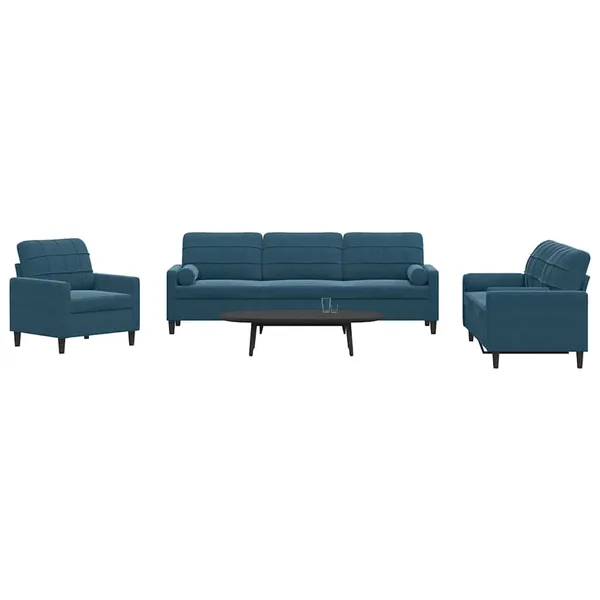 Ensemble de canapés 3pcs et coussins et traversins bleu velours