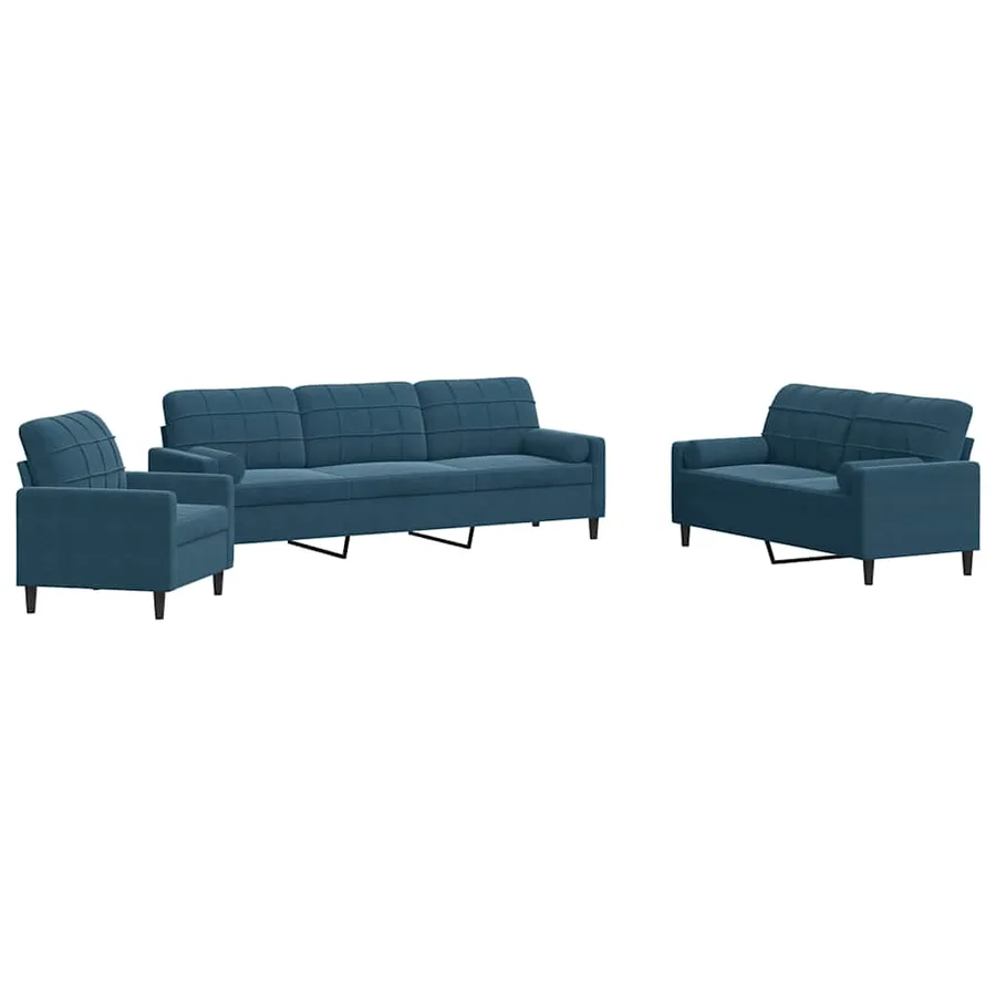 Ensemble de canapés 3pcs et coussins et traversins bleu velours - 2