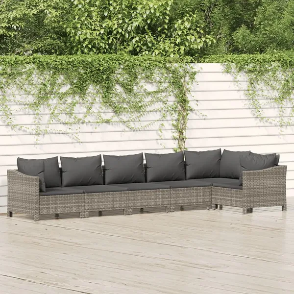 Salon de jardin 6 pcs avec coussins Gris Résine tressée