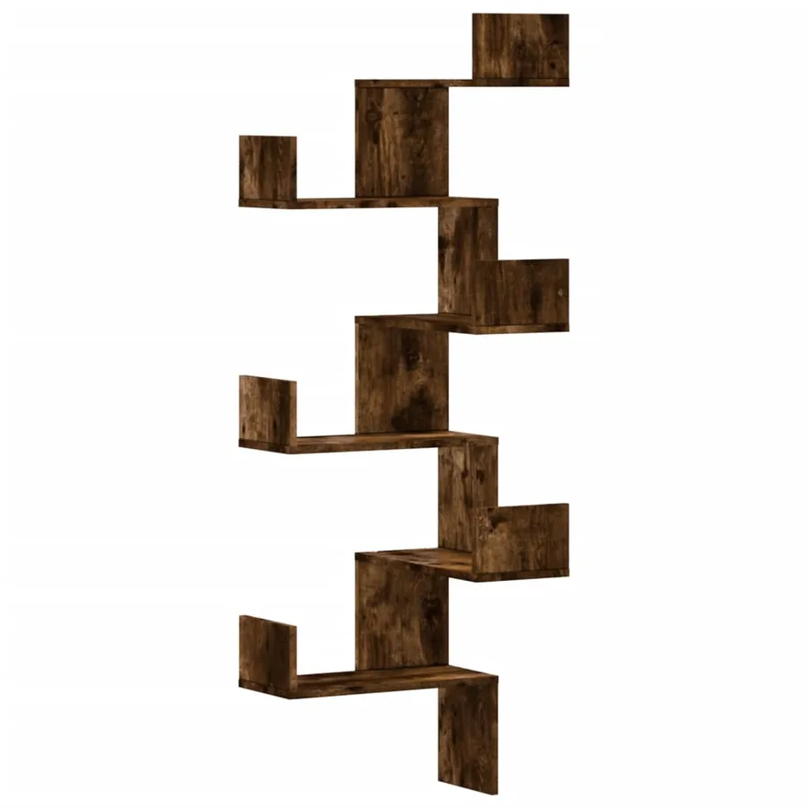 Étagère d'angle murale chêne fumé 45x45x147cm bois d'ingénierie - 2