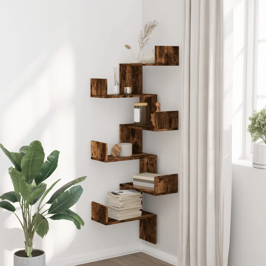 Étagère d'angle murale chêne fumé 45x45x147cm bois d'ingénierie - 3
