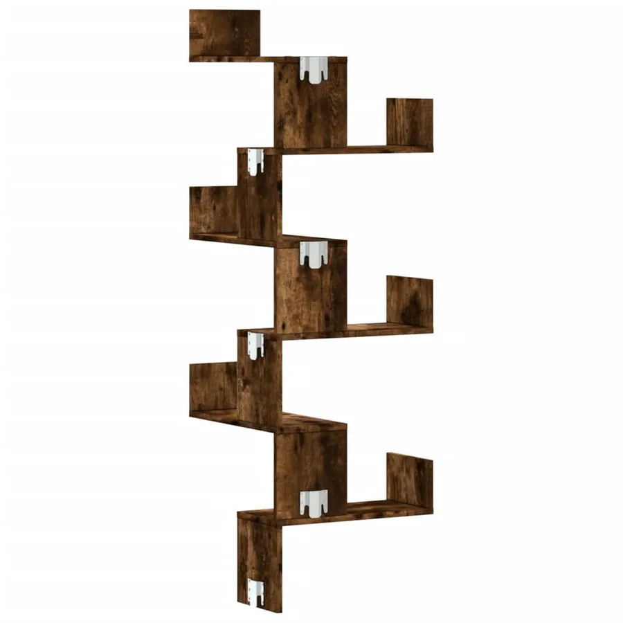 Étagère d'angle murale chêne fumé 45x45x147cm bois d'ingénierie - 6
