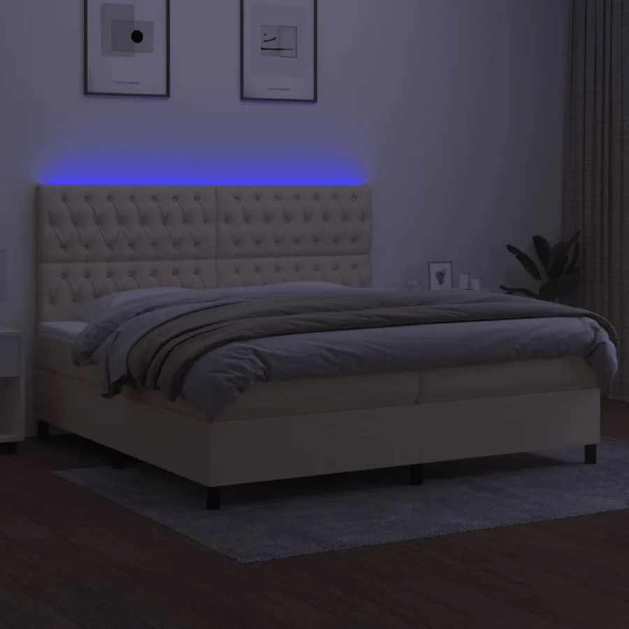 Sommier à lattes de lit et matelas et LED Crème 200x200cm Tissu - 4