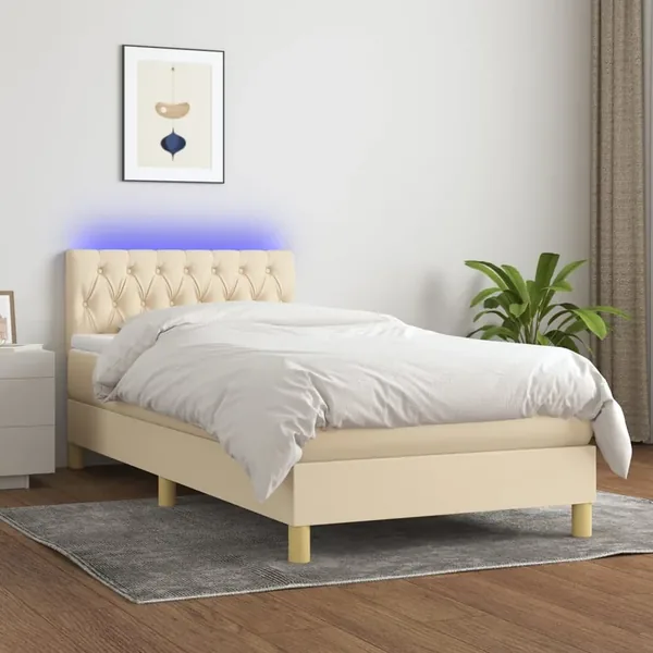 Sommier à lattes de lit avec matelas LED Crème 100x200 cm Tissu