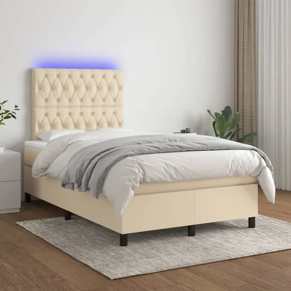 Sommier à lattes de lit et matelas et LED Crème 120x200cm Tissu