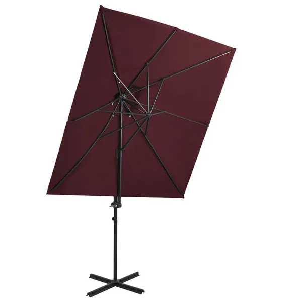 Parasol de jardin en porte-à-faux à double toit rouge bordeaux