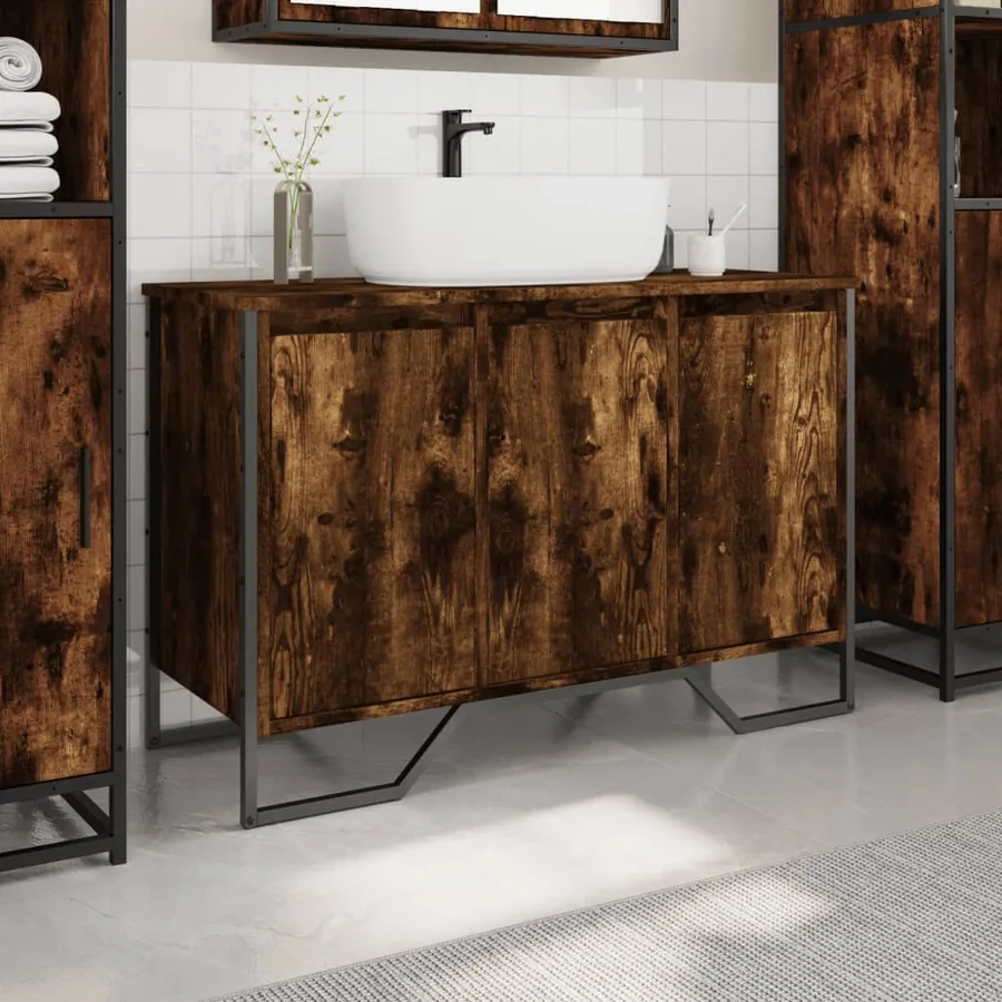 Armoire lavabo de salle de bain chêne fumé 91x35x60 cm - 3