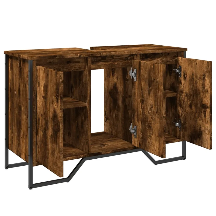 Armoire lavabo de salle de bain chêne fumé 91x35x60 cm - 8