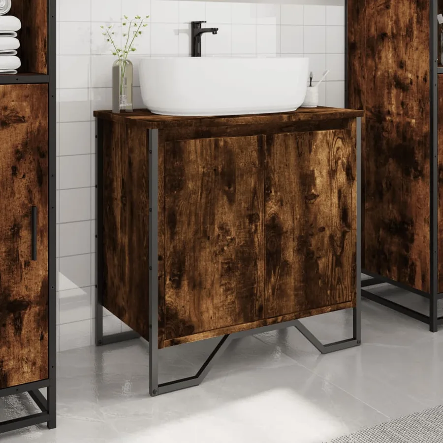 Armoire lavabo de salle de bain chêne fumé 60x35x60 cm - 3