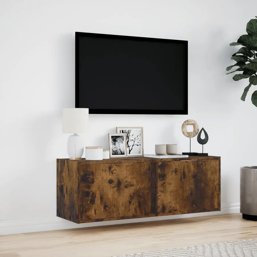 Meuble TV mural avec lumières LED chêne fumé 100x31x35 cm - 4