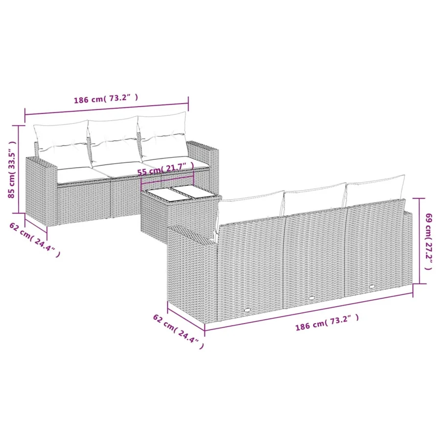 Salon de jardin avec coussins 7 pcs gris clair résine tressée - 3