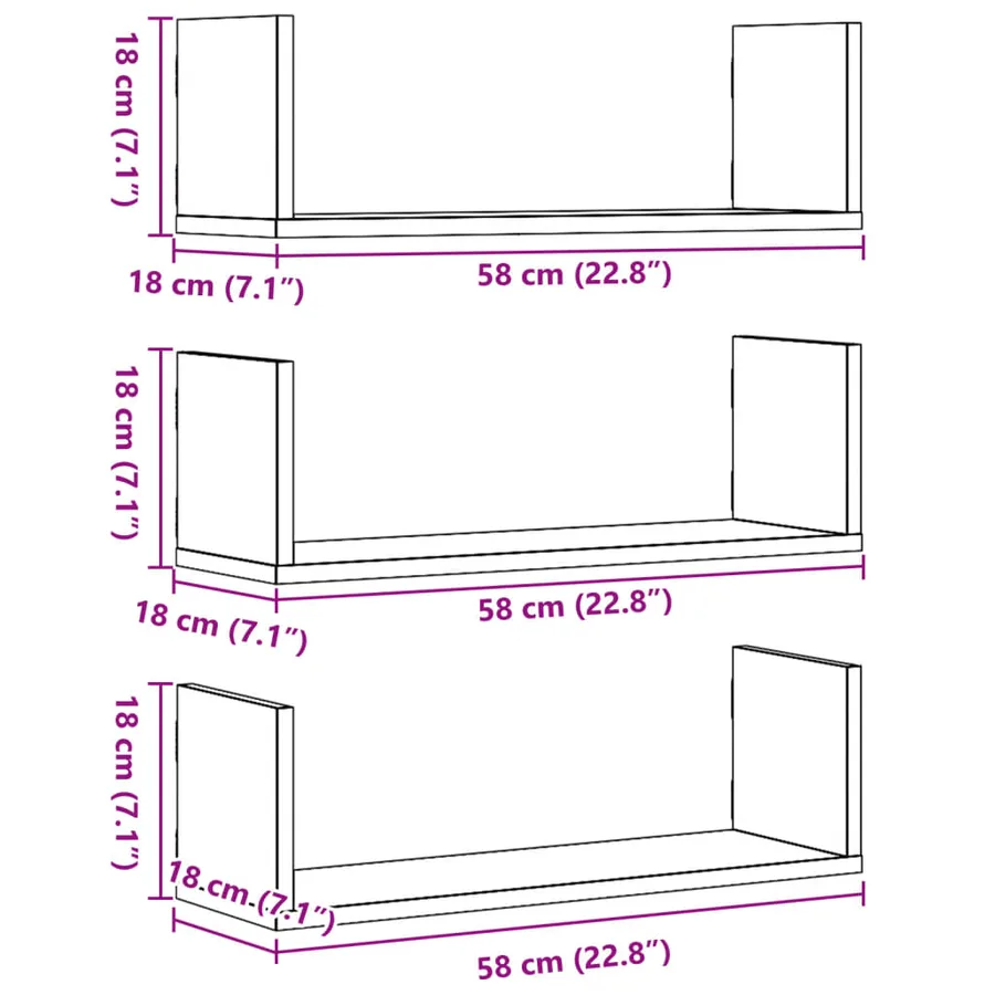 Étagères murales 3 pcs gris béton 58x18x18 cm bois d'ingénierie - 10