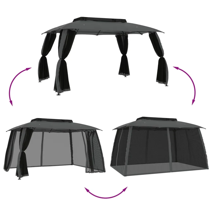 Tonnelle avec double toit et parois en filet anthracite acier - 6