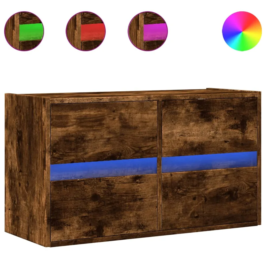 Meuble TV mural avec lumières LED chêne fumé 80x31x45 cm - 2