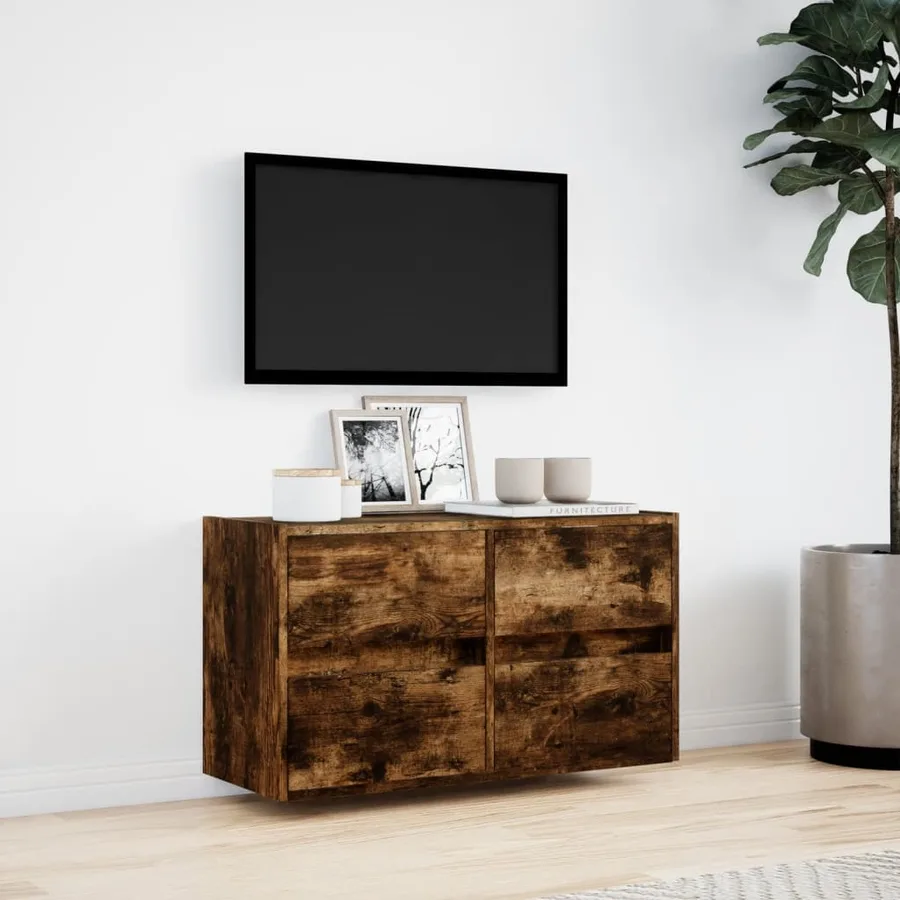 Meuble TV mural avec lumières LED chêne fumé 80x31x45 cm - 4
